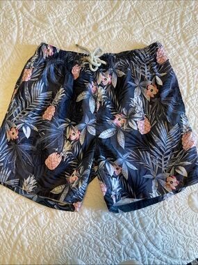 The Endless Summer  Navy Swim Trunks with Pink Pineapple & Gray Tropical Leaves